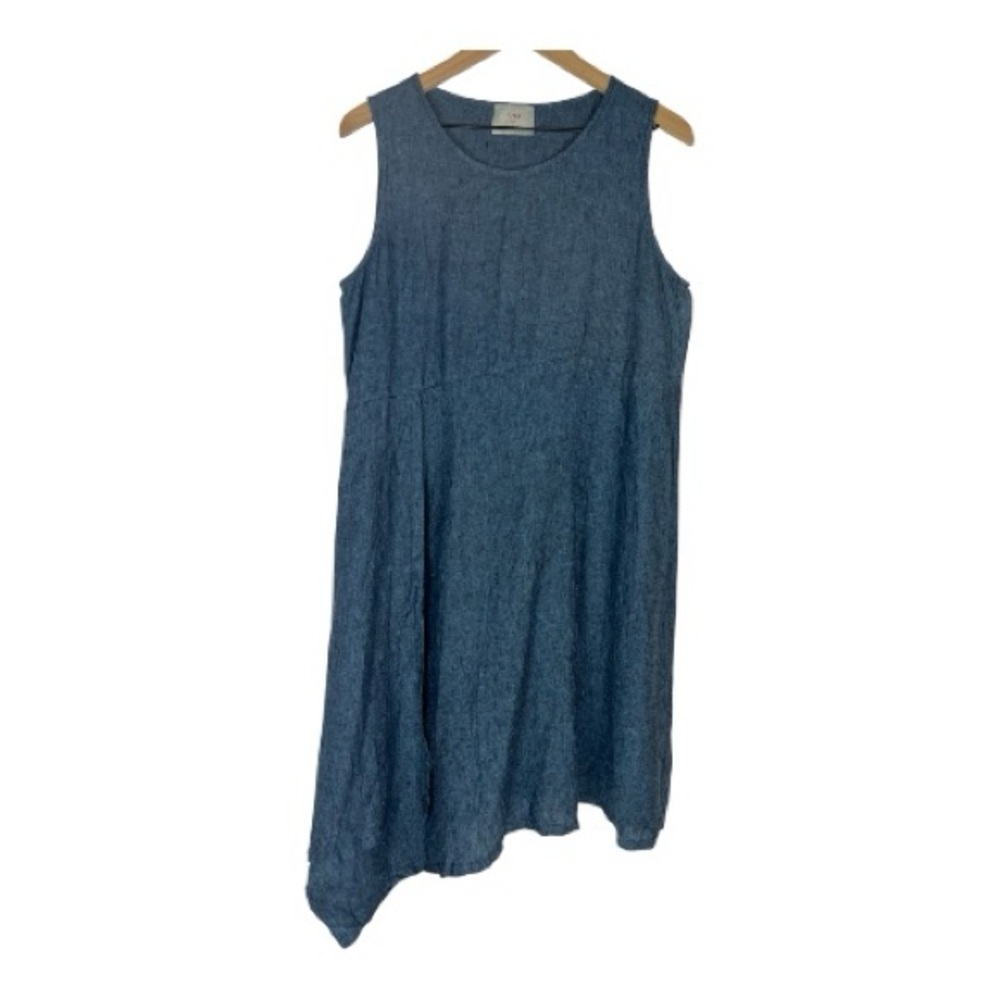 Chalet Sz M Blue Linen Dress Asymmetrical Hem Sleeveless Lagenlook Coastal